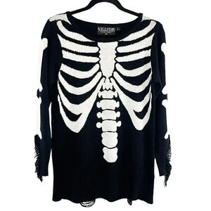 Killstar Black & White Destroyed Spooky Skeleton Ribcage Sweater Women's Small